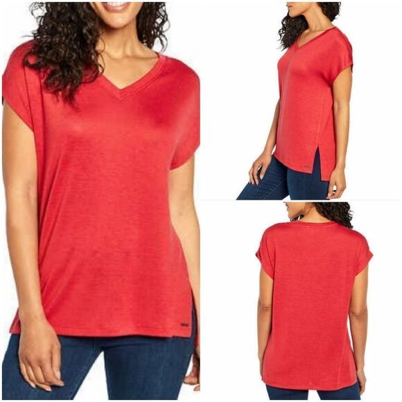 🔹️Orvis Burnt Clay Vneck Tunic Knit Short Sleeve Top XSmall - Picture 1 of 10